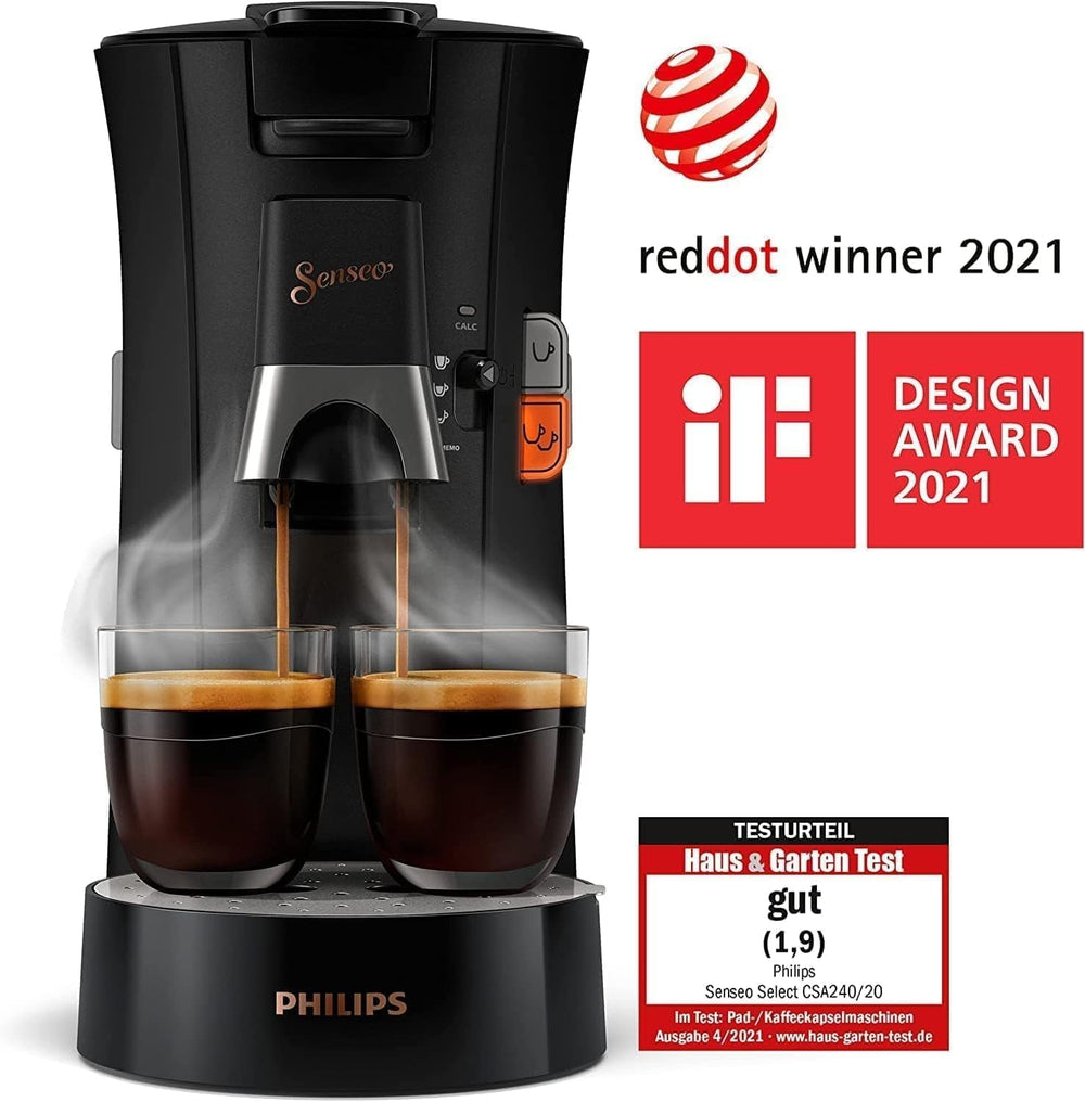 Espressor cu capsule PHILIPS Senseo Select cu selectare a intensității cafelei și funcție de memorare, fabricat din plastic reciclat, culoare: negru (CSA240/60)