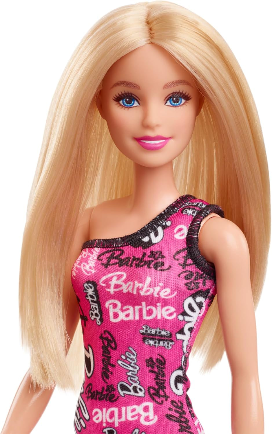 Barbie-Modepuppe mit glattem blonden Haar in rosa One-Shoulder-Stretchkleid und Schuhen mit Logo-Aufdruck HRH07 Naty Shop Dolls