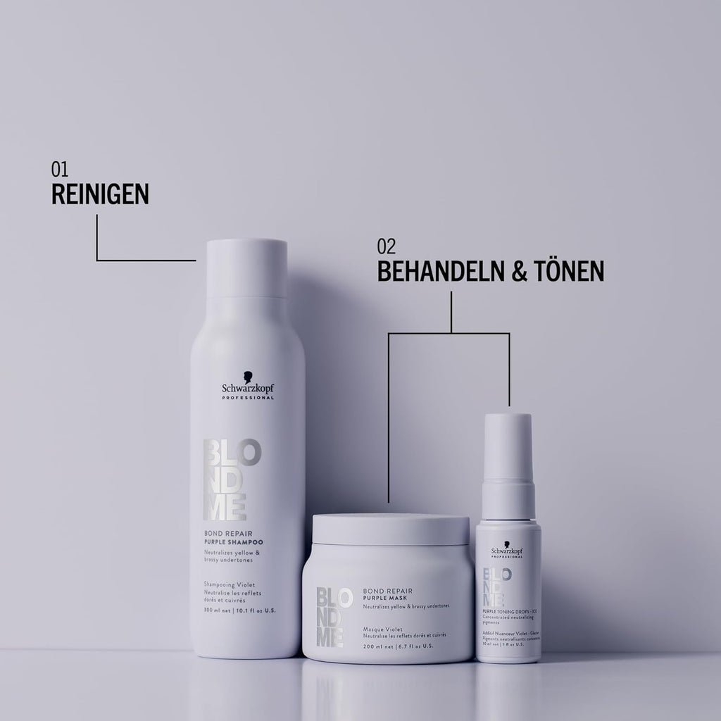 Schwarzkopf Professional BLONDME Bond Repair Purple Mask Mască pentru păr rece Neutralizează tonurile galbene pentru părul vopsit, albit și deschis Condiționare profundă și întărire 200 ml Masca de par Naty Shop