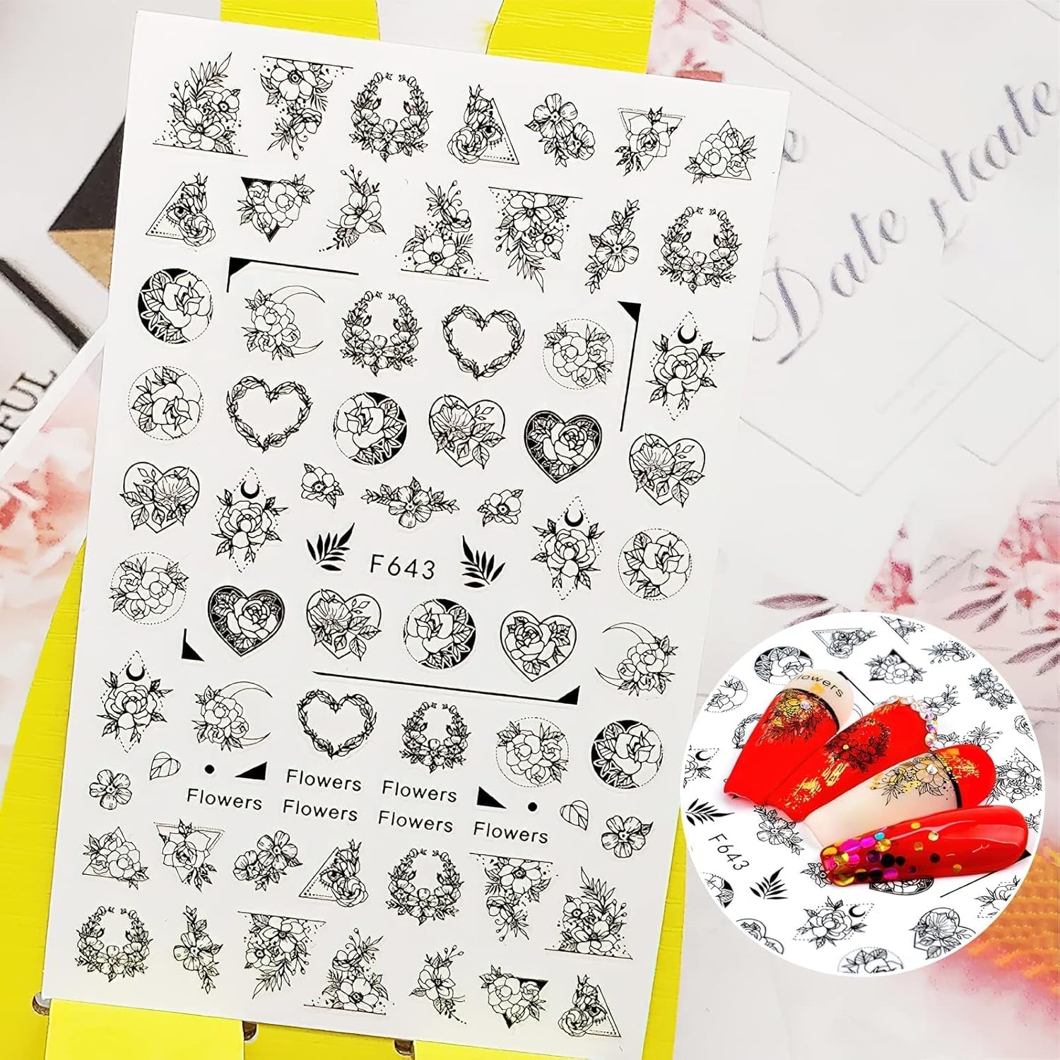 7 Blätter Nagelsticker Selbstklebend Nagelsticker Blumen Abstrakt 3D Schwarz Nagelaufkleber Nageldesign Herzform Wörter Pflanzen Nagel Sticker DIY Nail Art Zubehör Maniküre Dekoration