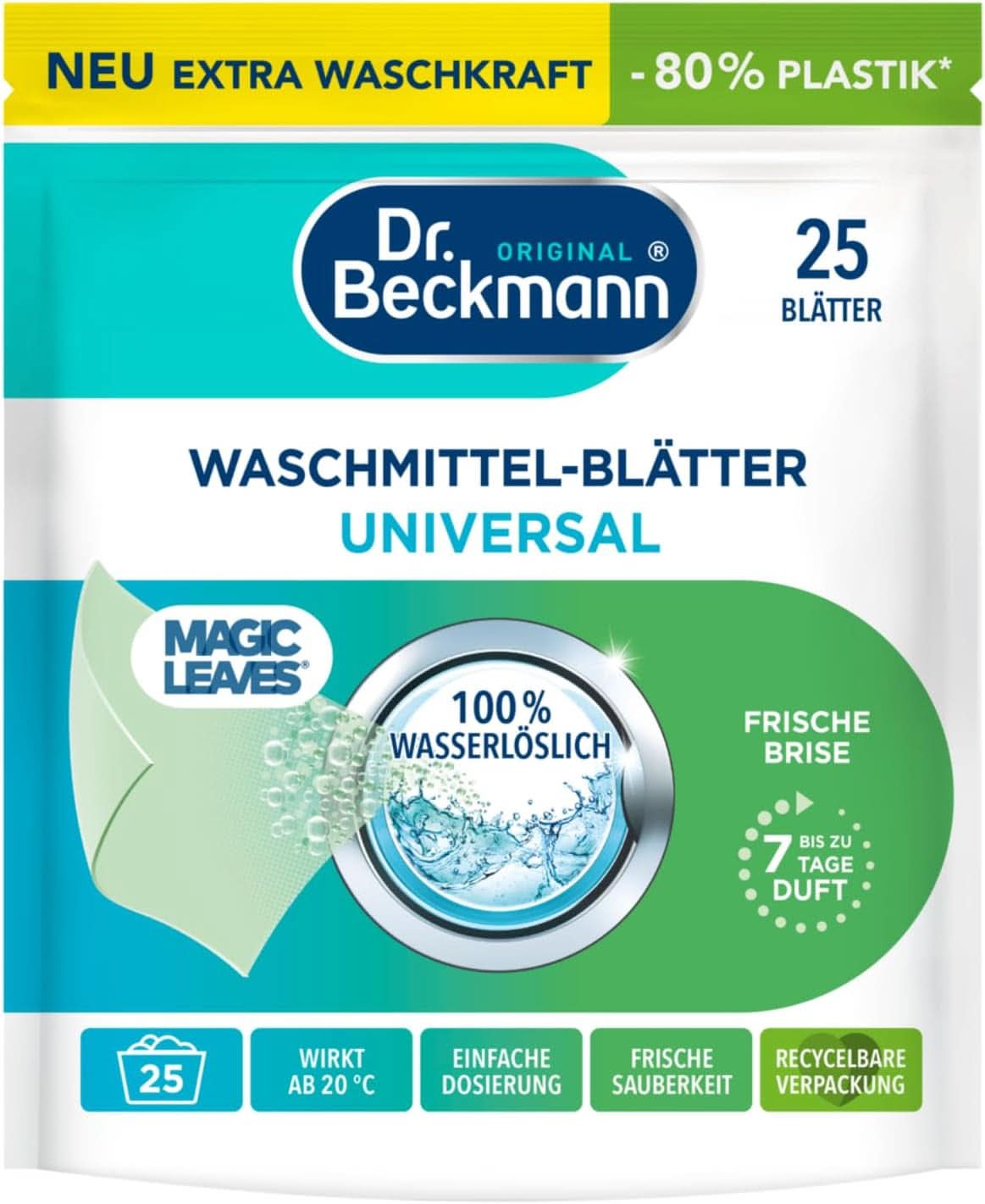 Waschmitteltücher Dr. Beckmann MAGIC LEAVES COLOR | Vordosierte und wasserlösliche Waschtücher | Platzsparend und einfach zu bedienen | 25 Blatt Naty Shop Waschmittel 25 Stück Universal