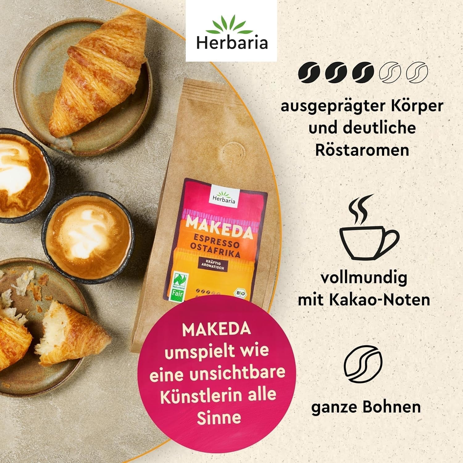 Herbaria MAKEDA Bio-Espresso ganze Bohnen 1 kg – Naturland Fair zertifiziert aus Ostafrika – Röstaromen mit Kakao und Noten von Eichenholz – Bio-Kaffeebohnen perfekt für tragbare Filter und Kaffeevollautomaten Cafea Naty Shop