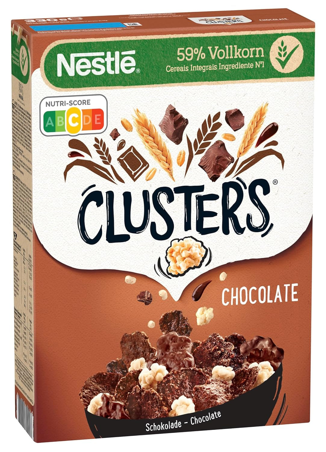 Nestlé CLUSTERS Chocolate, Cereale făcute cu 59% cereale integrale, cu ciocolată și migdale, conține vitamine, calciu și fier, 1 pachet (1 x 330g)