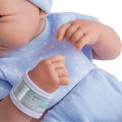 jc toys 102-18540 – Kinderpuppe, Körper aus Gummi, Blaue Kleidung mit Punkten, 36 cm