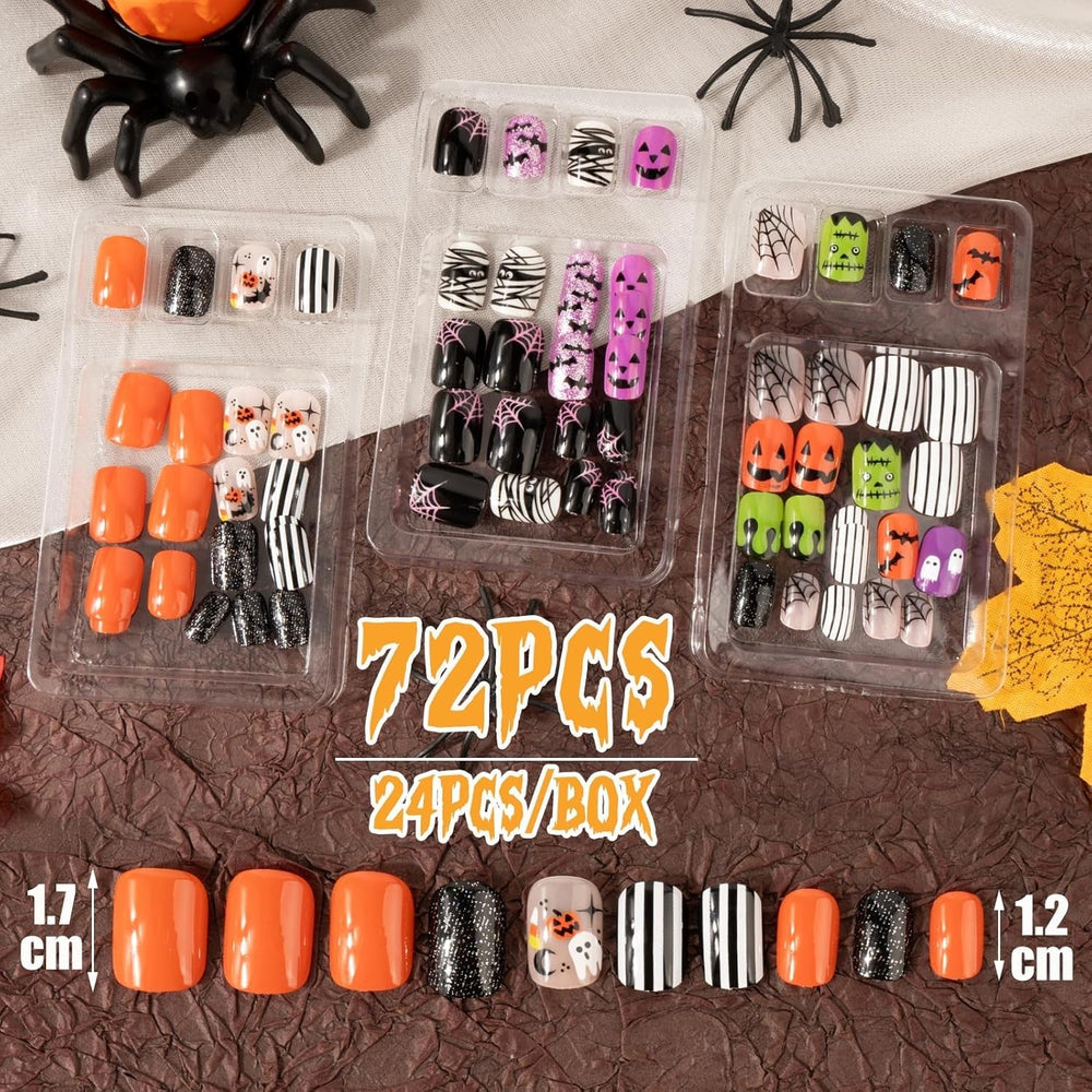 72 buc unghii de Halloween unghii false autoadezive unghii artificiale scurte unghii autoadezive presate dovleac fantomă unghii artificiale vârfuri unghii artă portocaliu verde negru