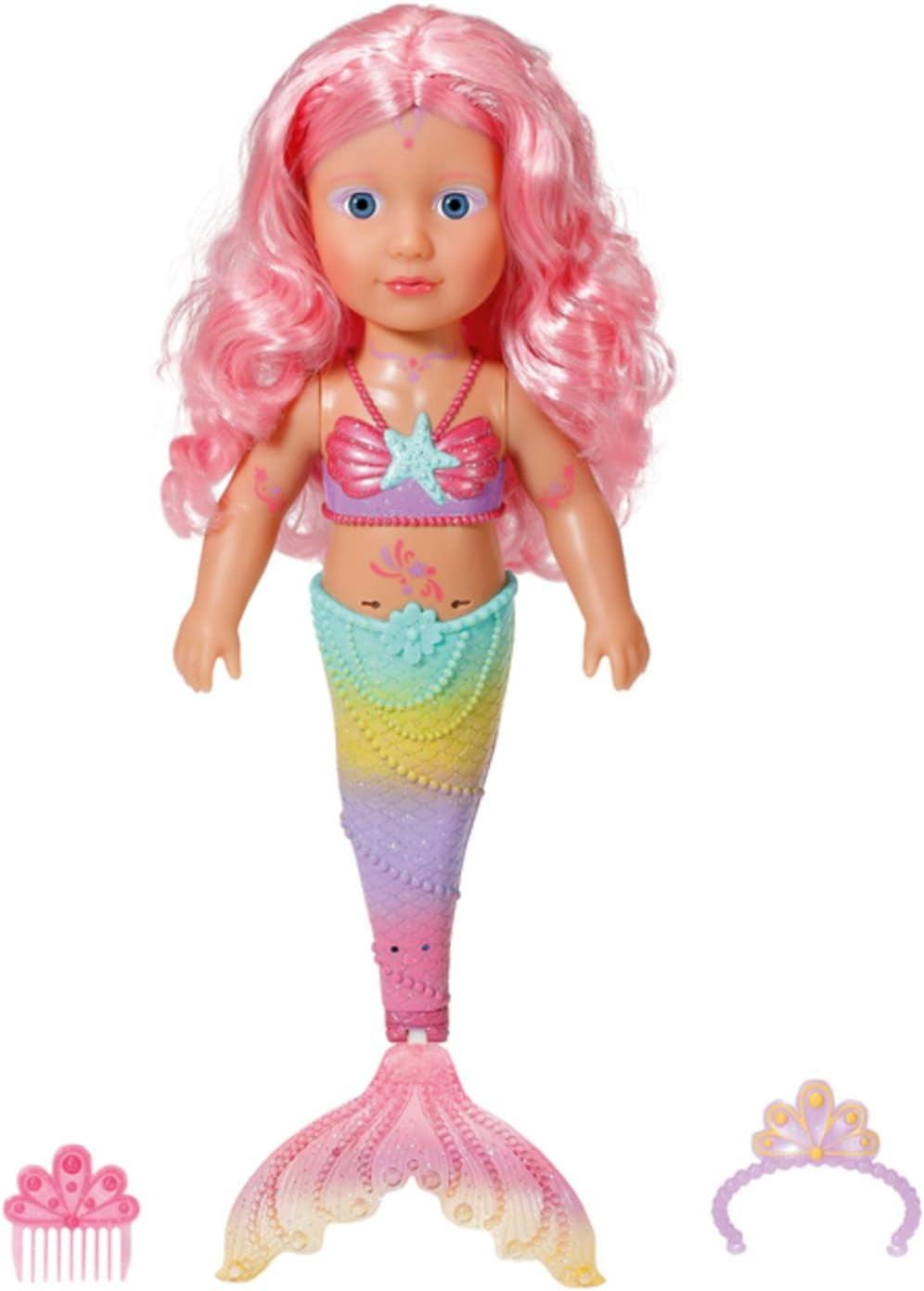 BABY Born Little Sister Mermaid 46 cm, Păpușă sirenă impermeabilă cu păr lung și aripioară mobilă cu sclipici, incl. tiară și pieptene, 833681 Zapf Creation Papusi Naty Shop