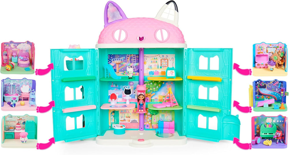 CASA DE PĂPȘI DREAMWORKS A LUI GABBY - Cameră Deluxe, Cofetărie cu Cakey, Bucătărie cu Kuchi (Română: Cakey), 3 piese de mobilier și 2 cutii surpriză cu accesorii, potrivită pentru copii cu vârsta de 3 ani și peste