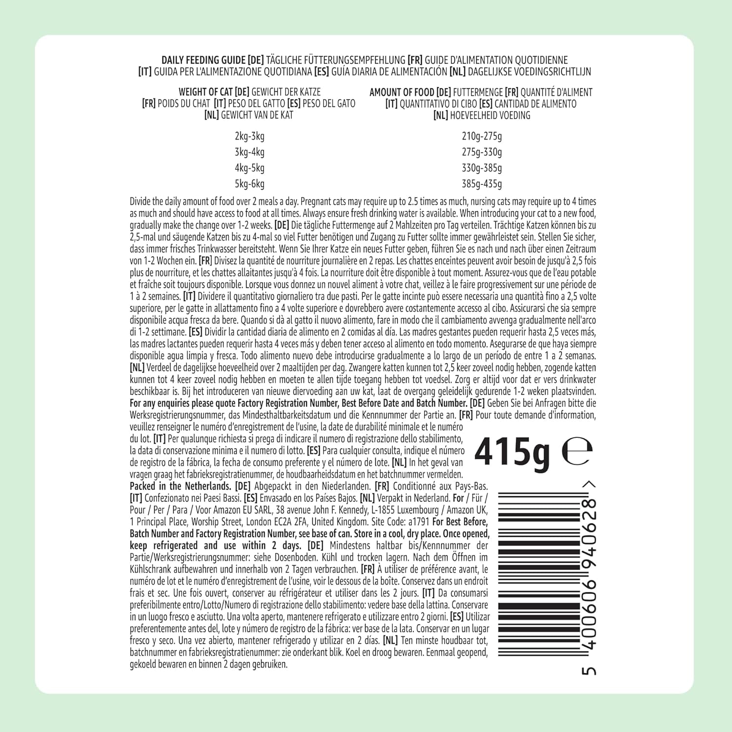 Hrană umedă pentru pisici fără cereale de la Amazon, la conservă, bucăți de pui în jeleu, 12 x 405 g