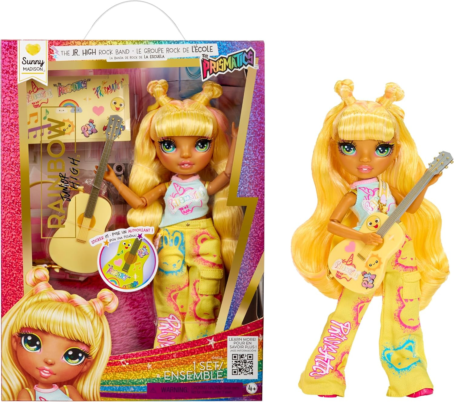 Rainbow High Junior High Rock Band - Bella, Pink - 23 cm Modepuppe mit Bassgitarre, Individuell mit Aufklebern Gestaltbar, Beweglich, Süßes Spielzeug für Kinder ab 4 Jahren