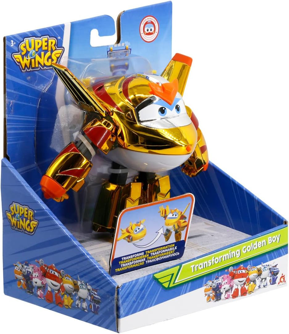 Super Wings EU750231 – Golden Boy Cabrio-Flugzeug, ca. 20,5 cm großes Kinderspielzeug, verwandelbare Flugzeug- und Roboter-Actionfiguren, Naty Shop