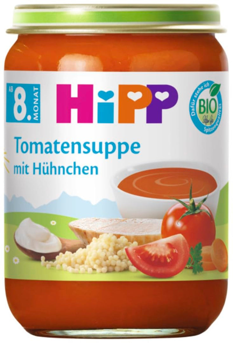 Supă de roșii cu pui HiPP organică (6 x 190g), de la 8 luni, fără sare adăugată, cu bucățele mici - pentru învățarea mestecării, cu Omega 3, de cea mai bună calitate organică