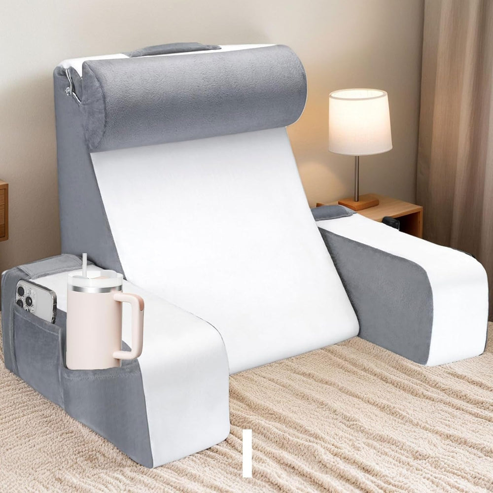 Pernă mare de citit pentru pat și canapea, pernă pentru spate pentru adulți cu suport pentru gât și cotiere, pernă ergonomică pentru spătar cu buzunar și husă lavabilă pentru odihnă, citit, vizionat la televizor (WH)