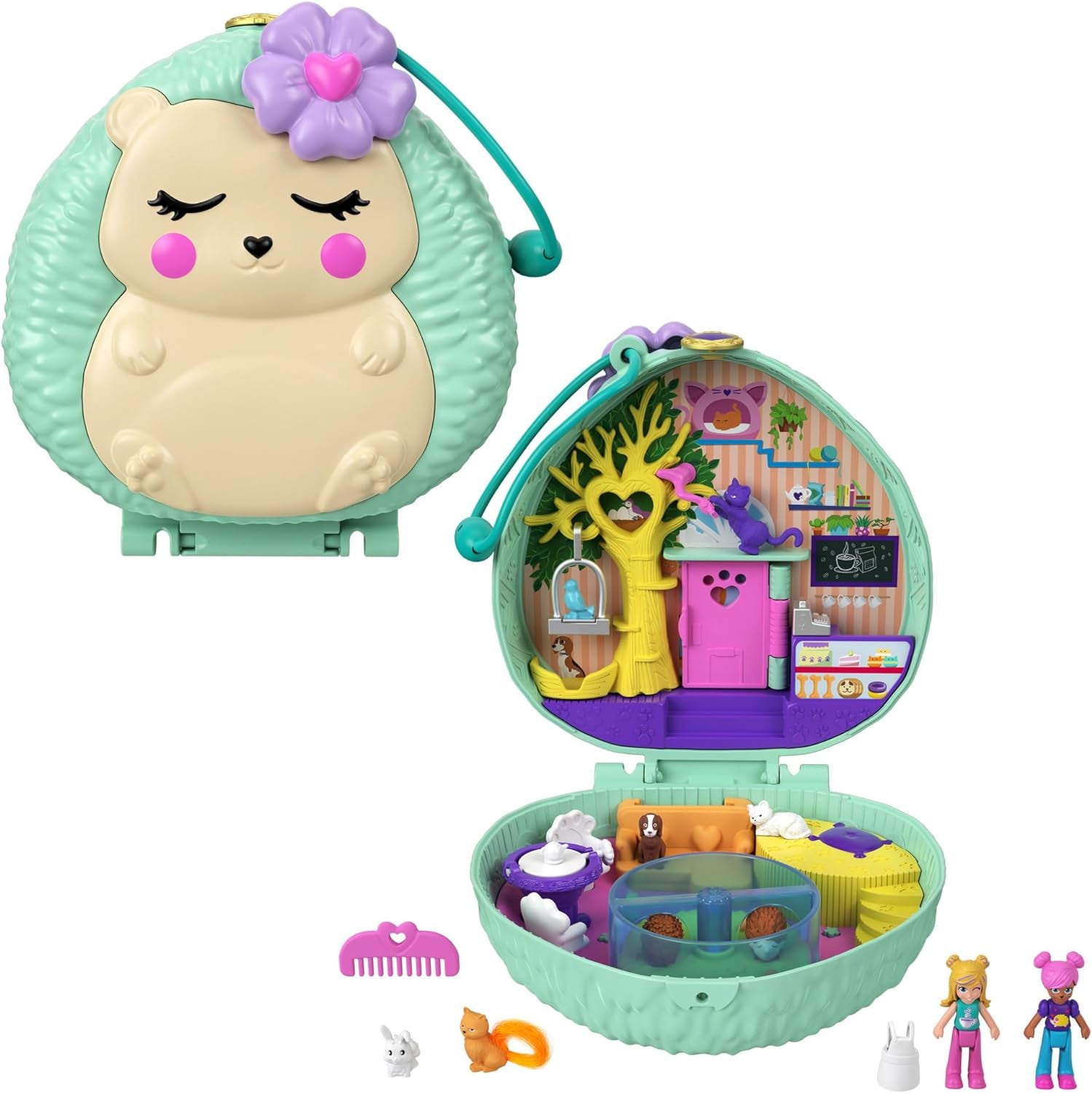 Polly Pocket GTN15 - Cutie de cafea cu arici în design de cafenea și animal de companie, păpușă și prieten mic Polly, 2 figuri de animale, efecte surpriză, cadou de jucărie minunat pentru copii cu vârsta peste 4 ani Papusi Naty Shop Singur Hedgehog Cafe