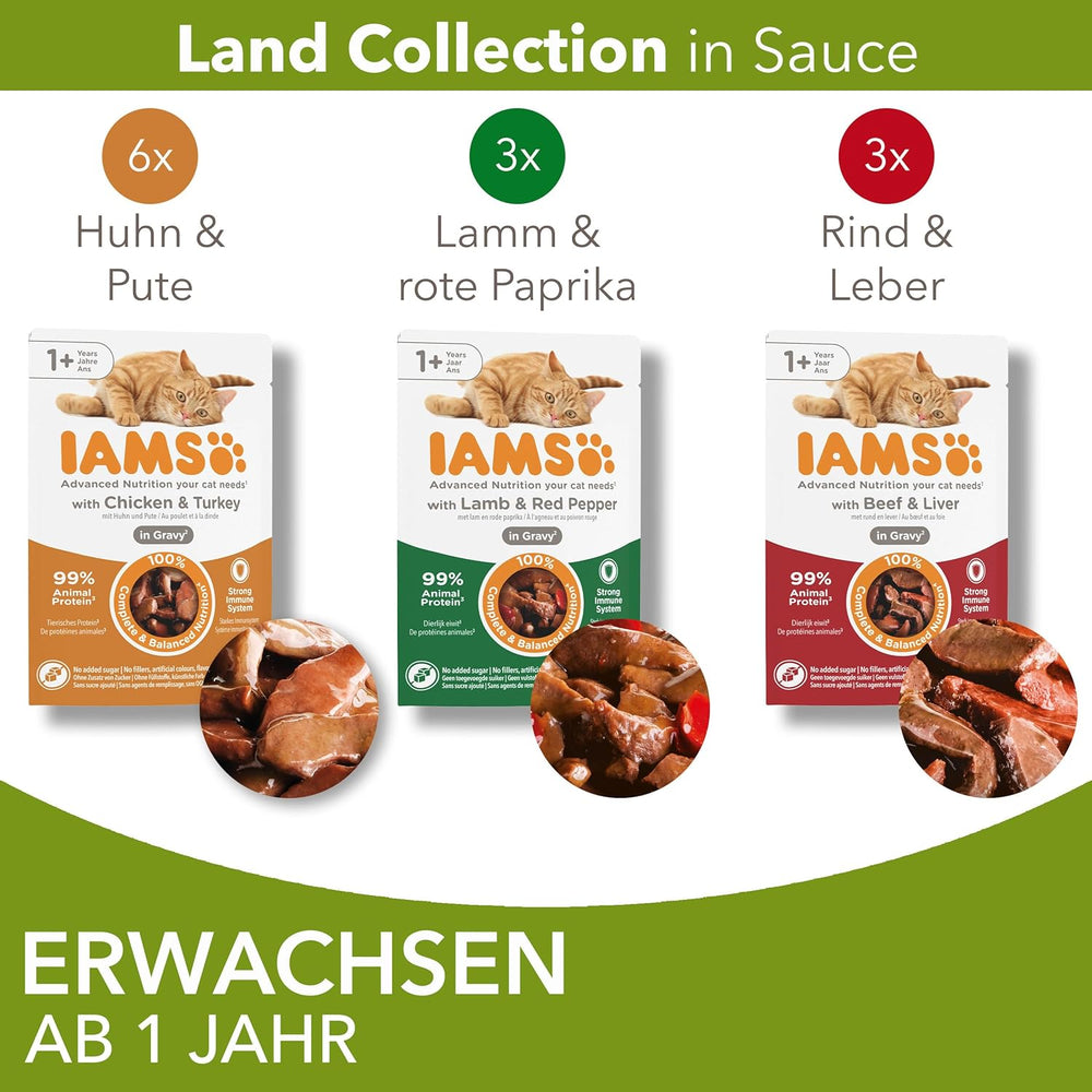 IAMS Delights Land Collection Hrană umedă pentru pisici - Pachet multiplu cu varietăți de carne (miel, vită, pui și curcan) în sos, hrană umedă pentru pisici de la 1 an, 12 x 85g