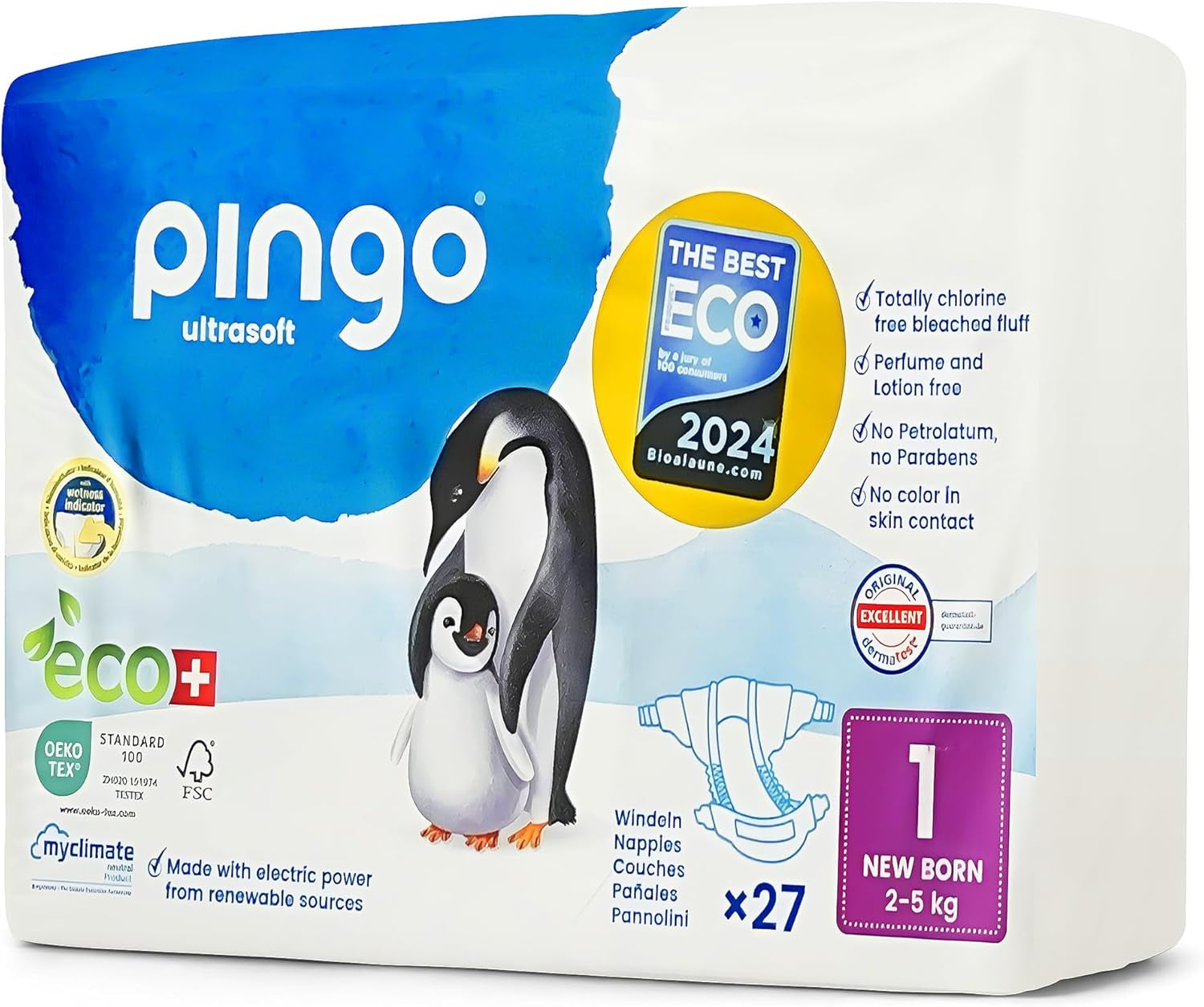 Scutece ecologice mărimea 1 nou-născut (2-5 kg), 1 pungă cu 27 de scutece
