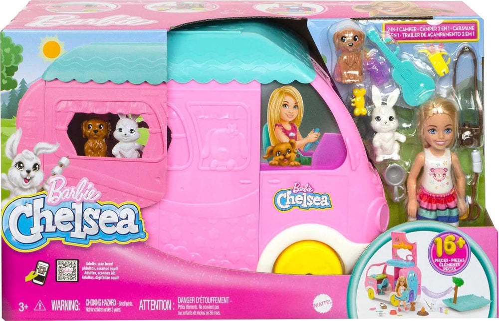 Barbie Chelsea 2-in-1-Camper - Spielzeugfahrzeug mit Pool, Hängematte und Essbereich, für fantasievolles Spielen und Geschichtenerzählen, ab 3 Jahren, HNH90