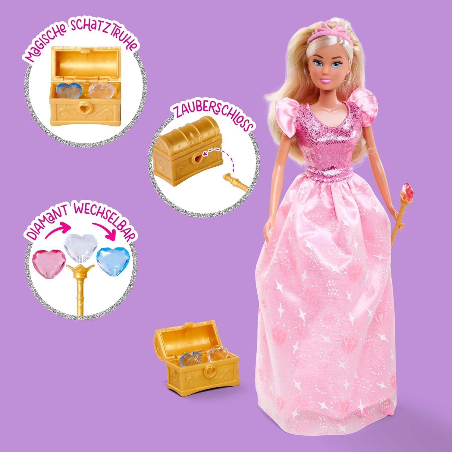 Simba Steffi Love Princess Diamond, Spielpuppe als Prinzessin mit magischer Schatztruhe, Zepter und Diamanten, 29cm, ab 3 Jahren
