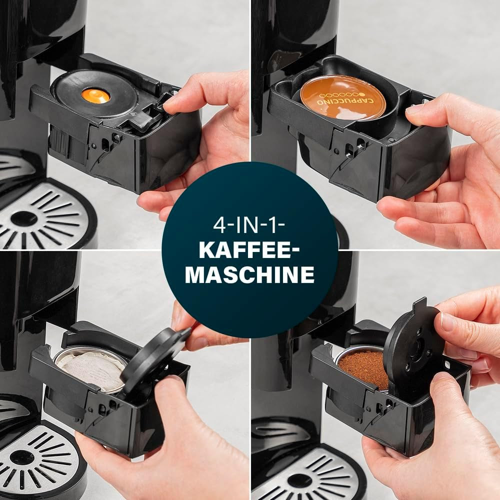Espressor multicapsule Princess 4 în 1 – 1450 wați, capsule, păstăi, cafea măcinată, fără BPA, 249450, 01.249450.01.001, negru, argintiu