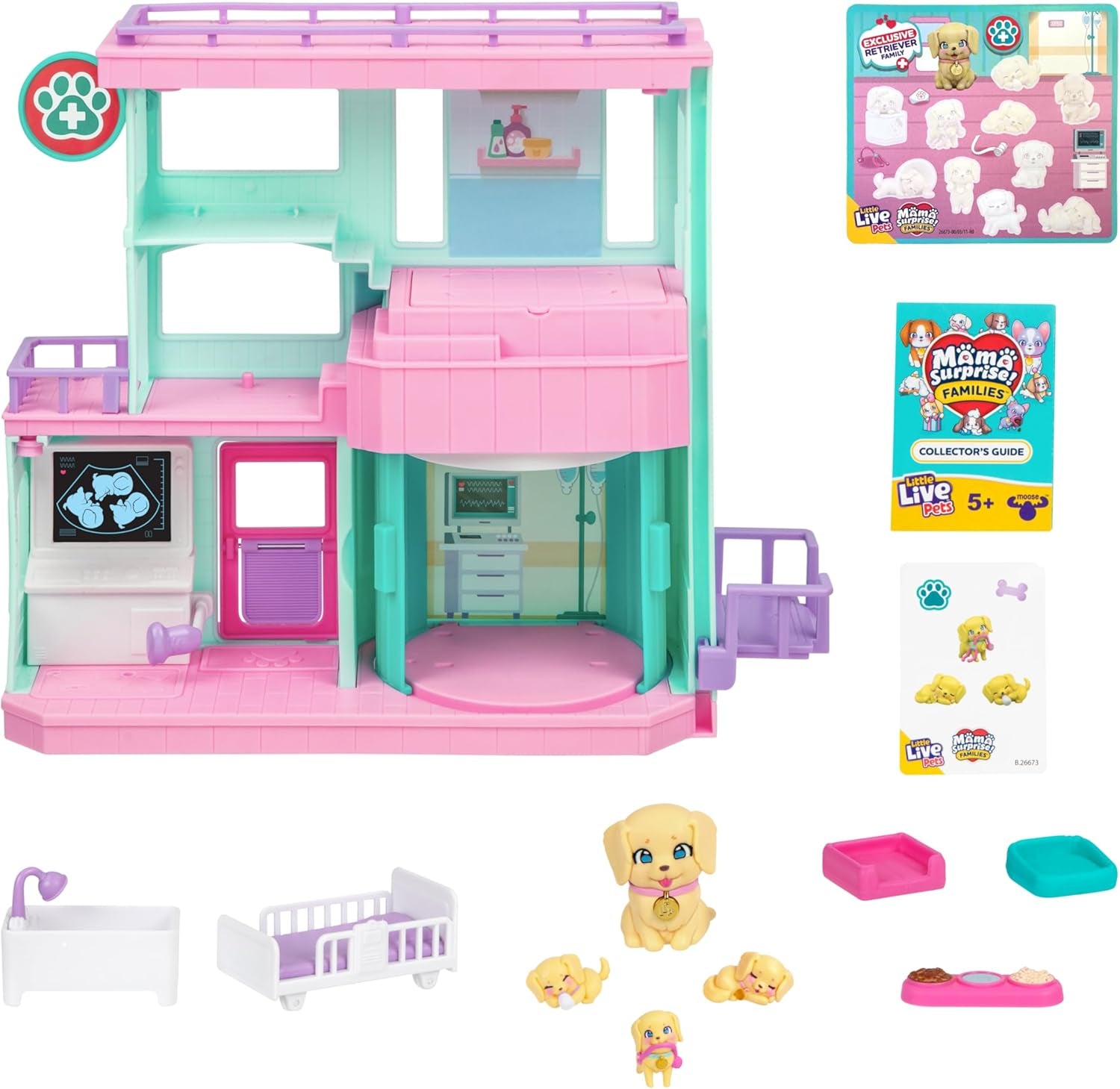 Little Live Pets Mama Surprise Families Baby Clinic-Spielset, 3 Retriever-Welpen enthalten, magisches, doppelseitiges Spielset (27,8 cm B, 23,8 cm H). Füttern, Baden und Spielen, Geschenk für Kinder Actionfiguren Naty Shop