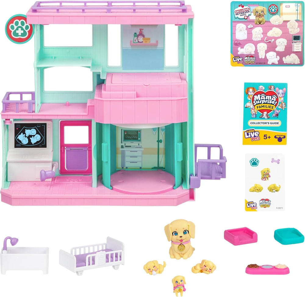 Little Live Pets Mama Surprise Families Baby Clinic-Spielset, 3 Retriever-Welpen enthalten, magisches, doppelseitiges Spielset (27,8 cm B, 23,8 cm H). Füttern, Baden und Spielen, Geschenk für Kinder Actionfiguren Naty Shop