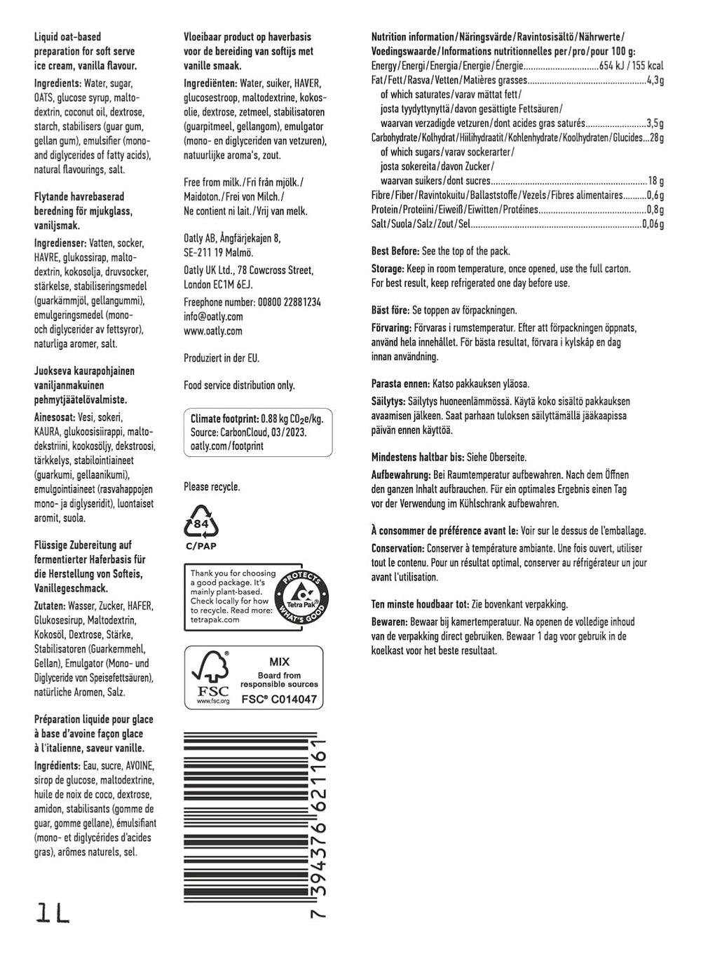 Oatly Soft Serve Mix zur Herstellung von Softeis auf pflanzlicher Basis in der Eismaschine 1L, (6er-Pack)