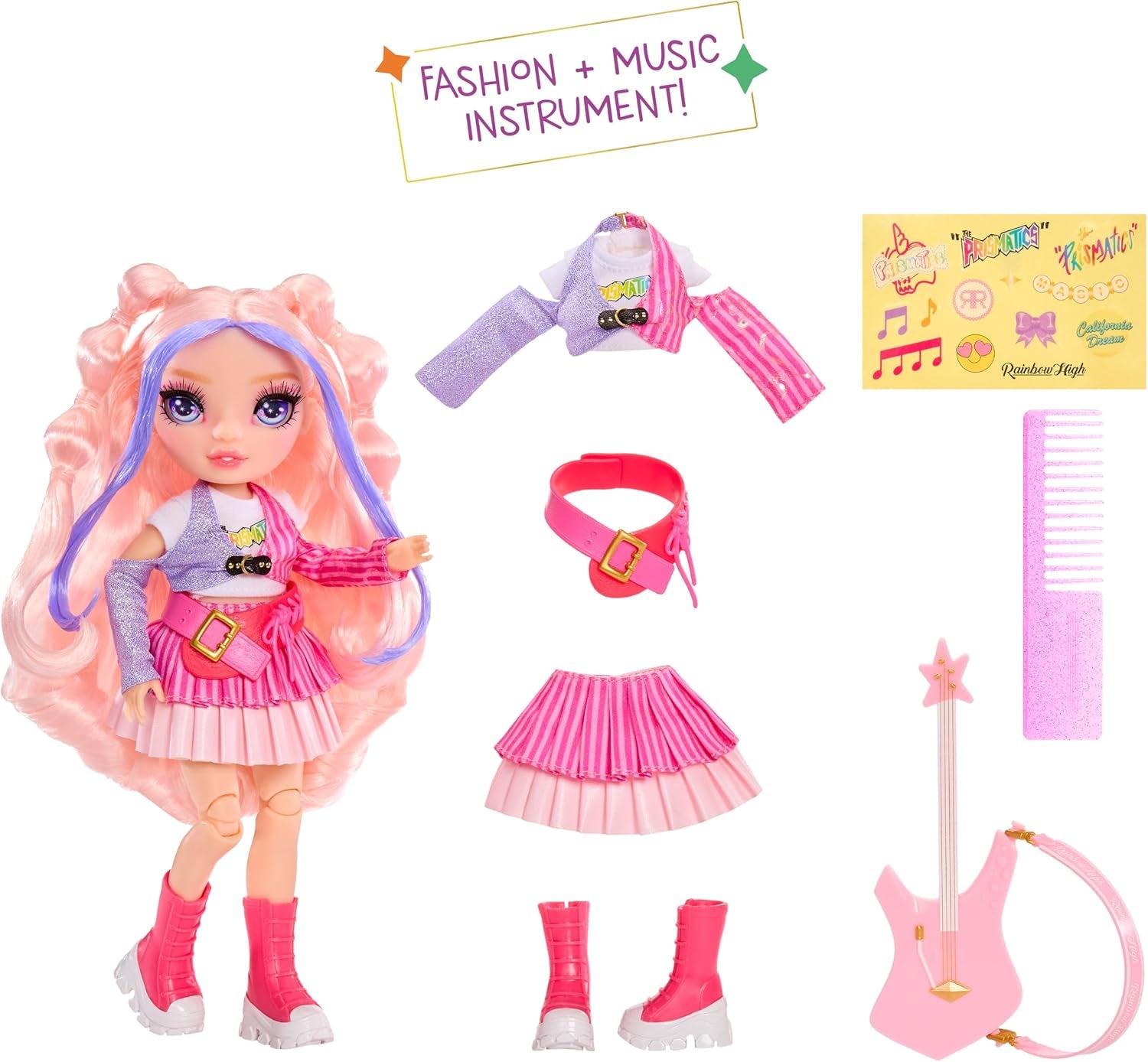 Rainbow High Junior High Rock Band - Bella, Pink - 23 cm Modepuppe mit Bassgitarre, Individuell mit Aufklebern Gestaltbar, Beweglich, Süßes Spielzeug für Kinder ab 4 Jahren