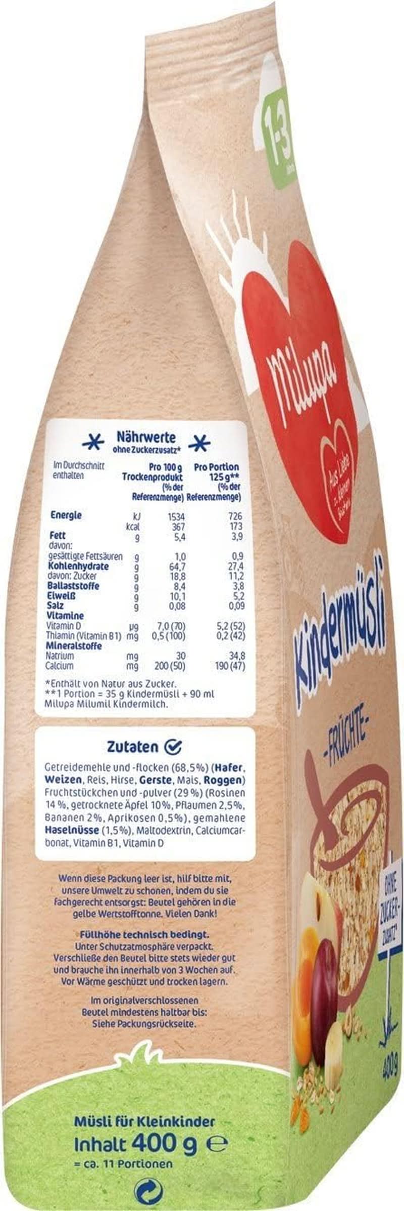 Milupa Kindermüsli feine Früchte – Müsli-Frühstücksflocken von 1 bis 3 Jahren, ohne Zuckerzusatz, 4 x 400g Mutter und Kind Naty Shop