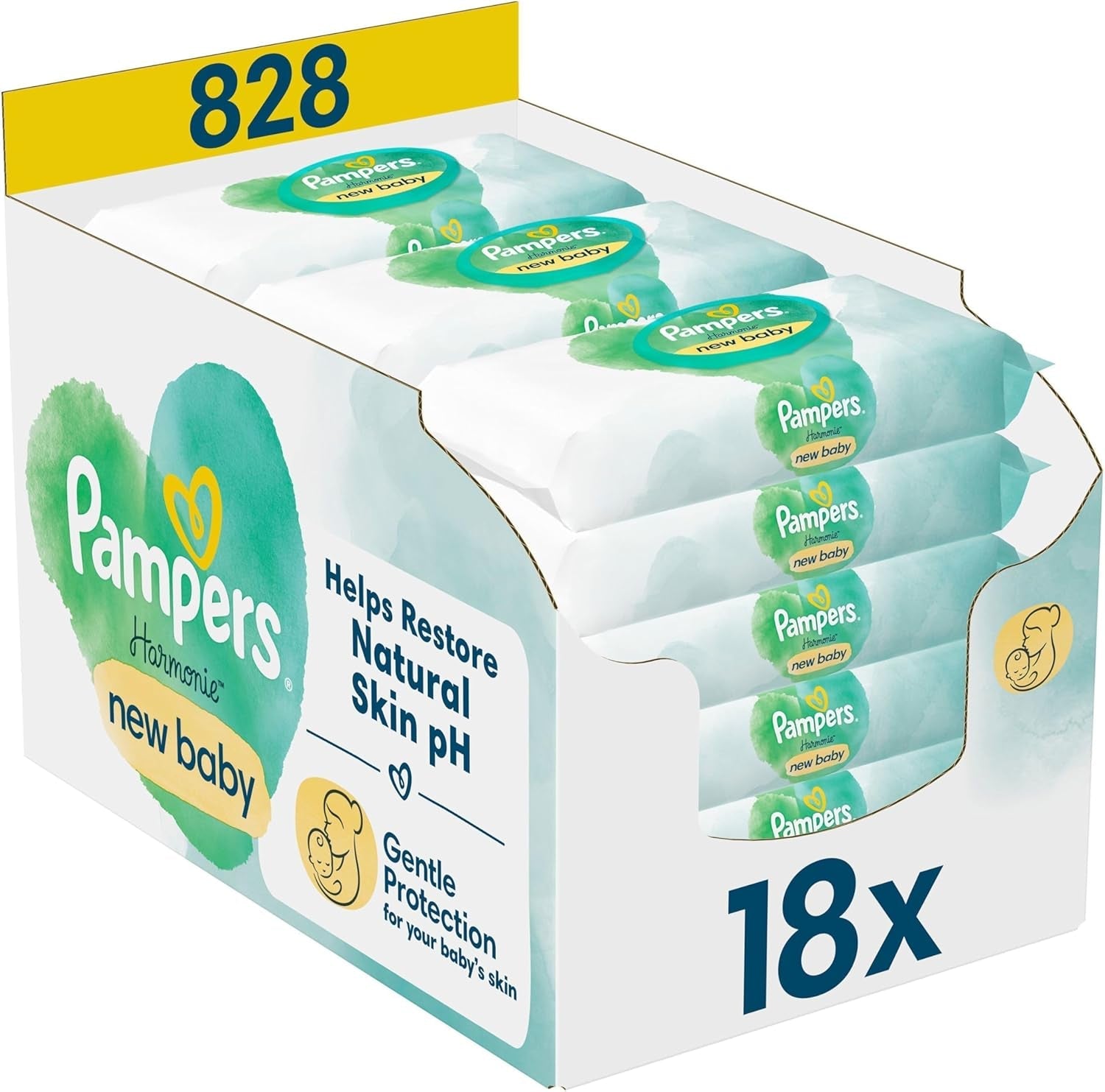 Șervețele umede Pampers Harmony Protect & Care, 18 pachete a câte 44 de șervețele fiecare = 792 de șervețele care ajută la restabilirea echilibrului natural al pH-ului pielii