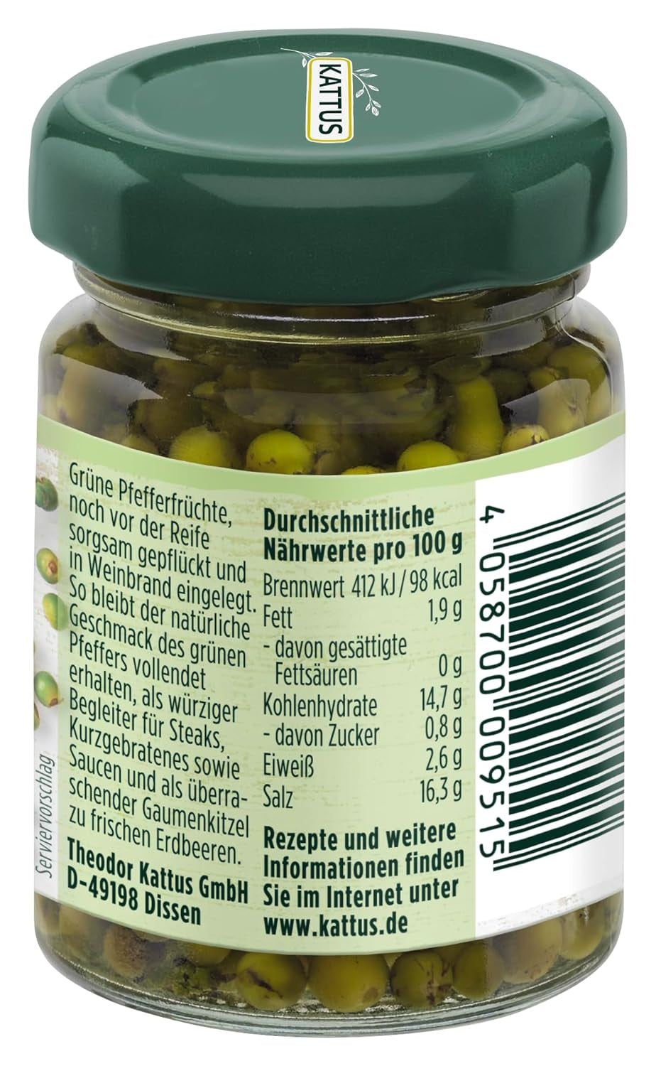- Grüner Pfeffer in Weinbrand | Ganzer, eingelegter Pfeffer zum Würzen von Saucen | 50 g im Glas