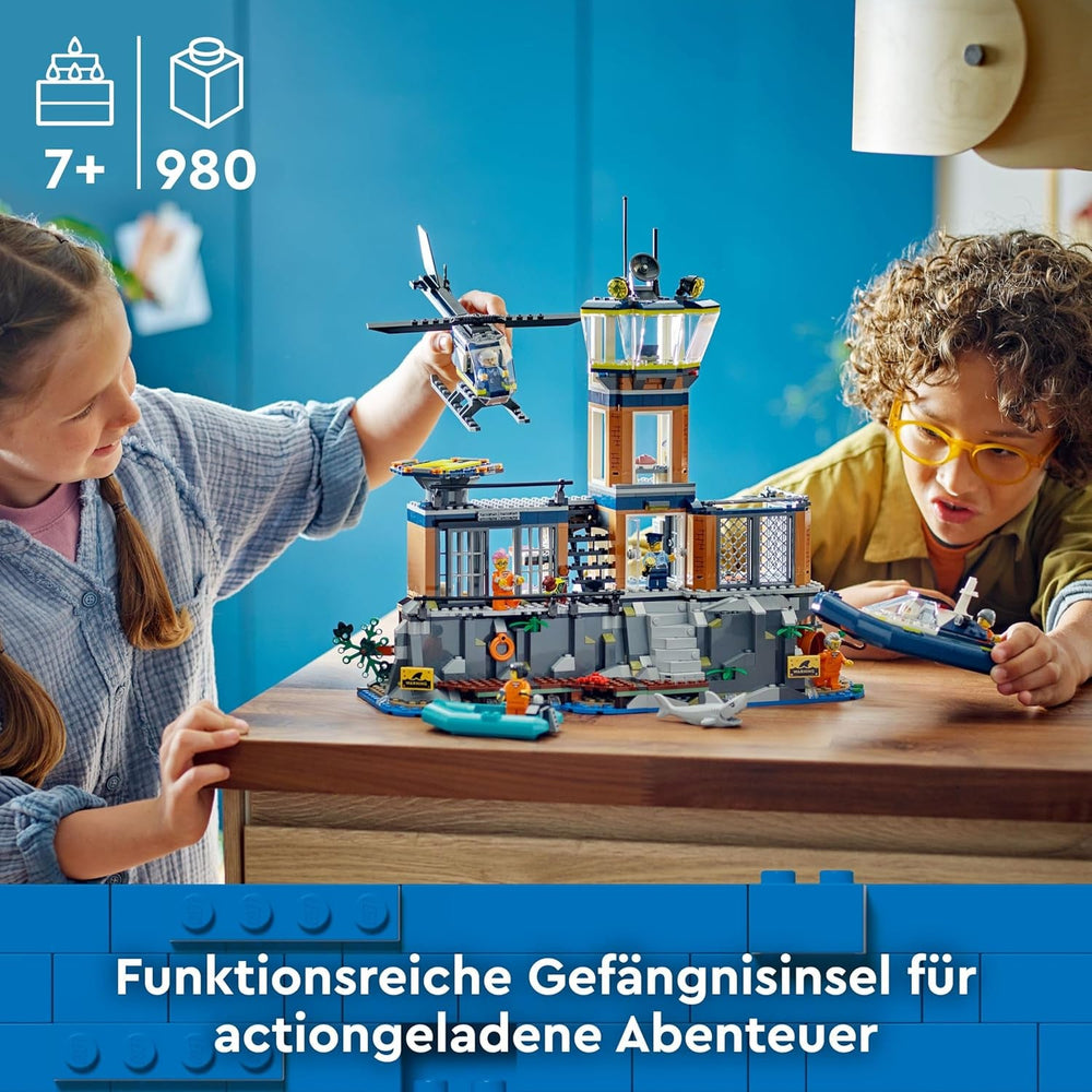 LEGO City Polizeistation auf der Gefängnisinsel, Polizei Spielzeug mit Hubschrauber, Boot und Hai, Set mit 7 Minifiguren und Hund, Geschenk zum Geburtstag für Jungen und Mädchen ab 7 Jahren 60419