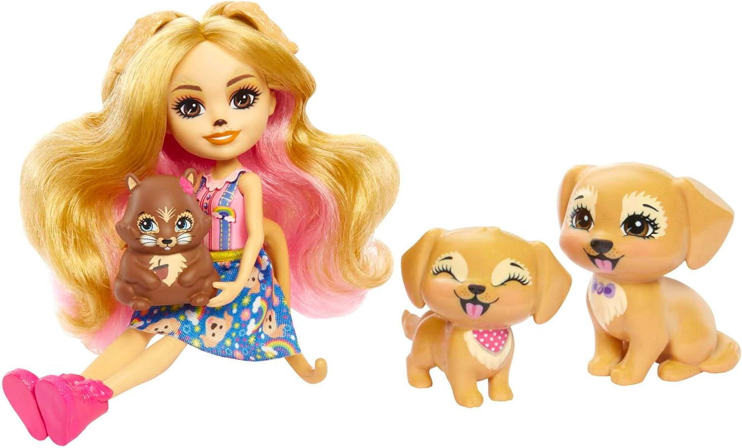 Enchantimals City Tails Gerika Golden Retriever Familie - Puppe mit 3 Tierfiguren, abnehmbarem Rock und Schuhen, fördert fantasievolles Spielen, für Kinder ab 4 Jahren, HHB85