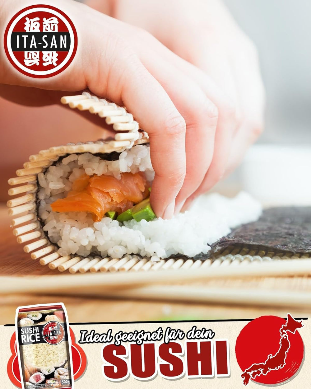 ITA-SAN Sushi-Reis, Rundkorn, Top-Qualität, 100 % sortenrein, schnelle und einfache Zubereitung, vegan, Halal, glutenfrei (1 x 500 g)