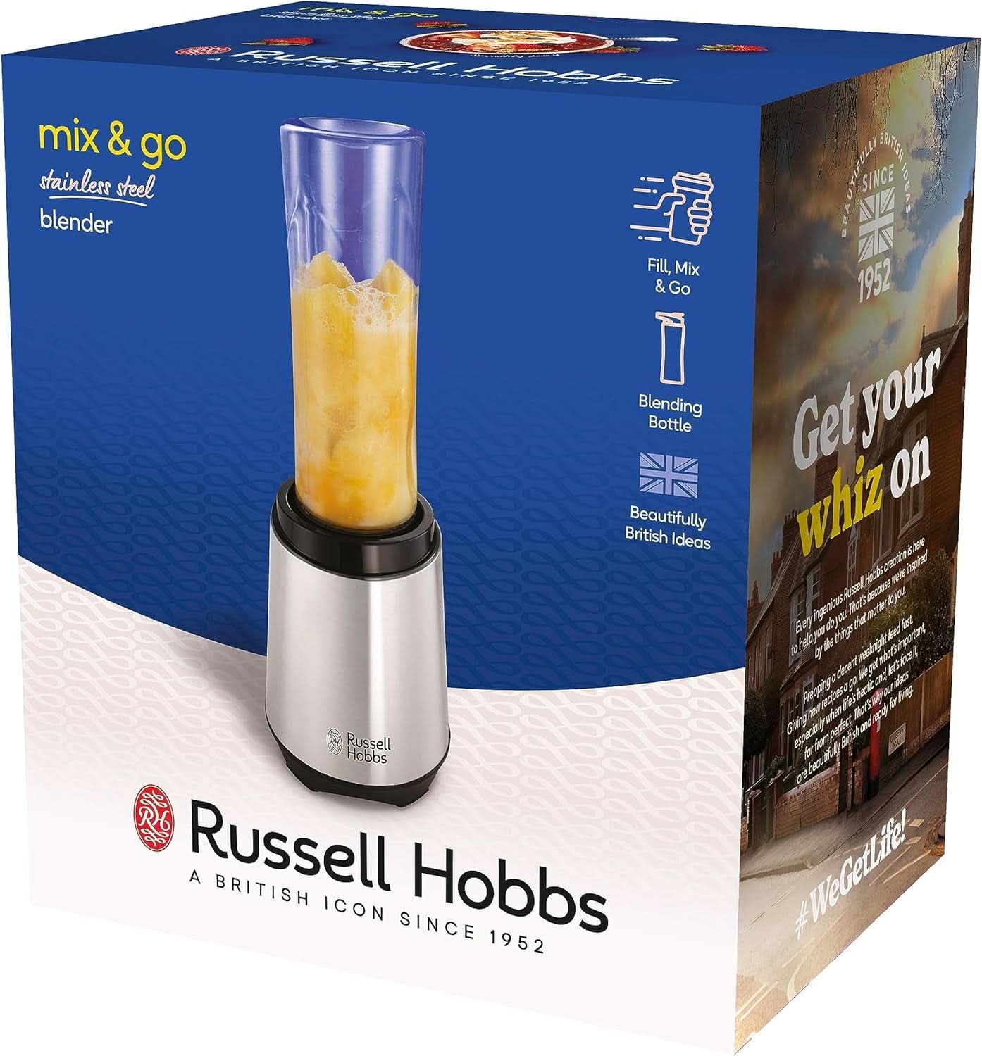 Russell Hobbs Mixer – Standmixer & Smoothie Maker to Go [23.500 U/Min Power-Motor] Inkl. 1X Mixbehälter 600Ml (Bpa-Frei, Spülmaschinen- & Bruchfest Inkl. Deckel) Zerkleinerer, Edelstahl, 23472-56 Kitchen Naty Shop