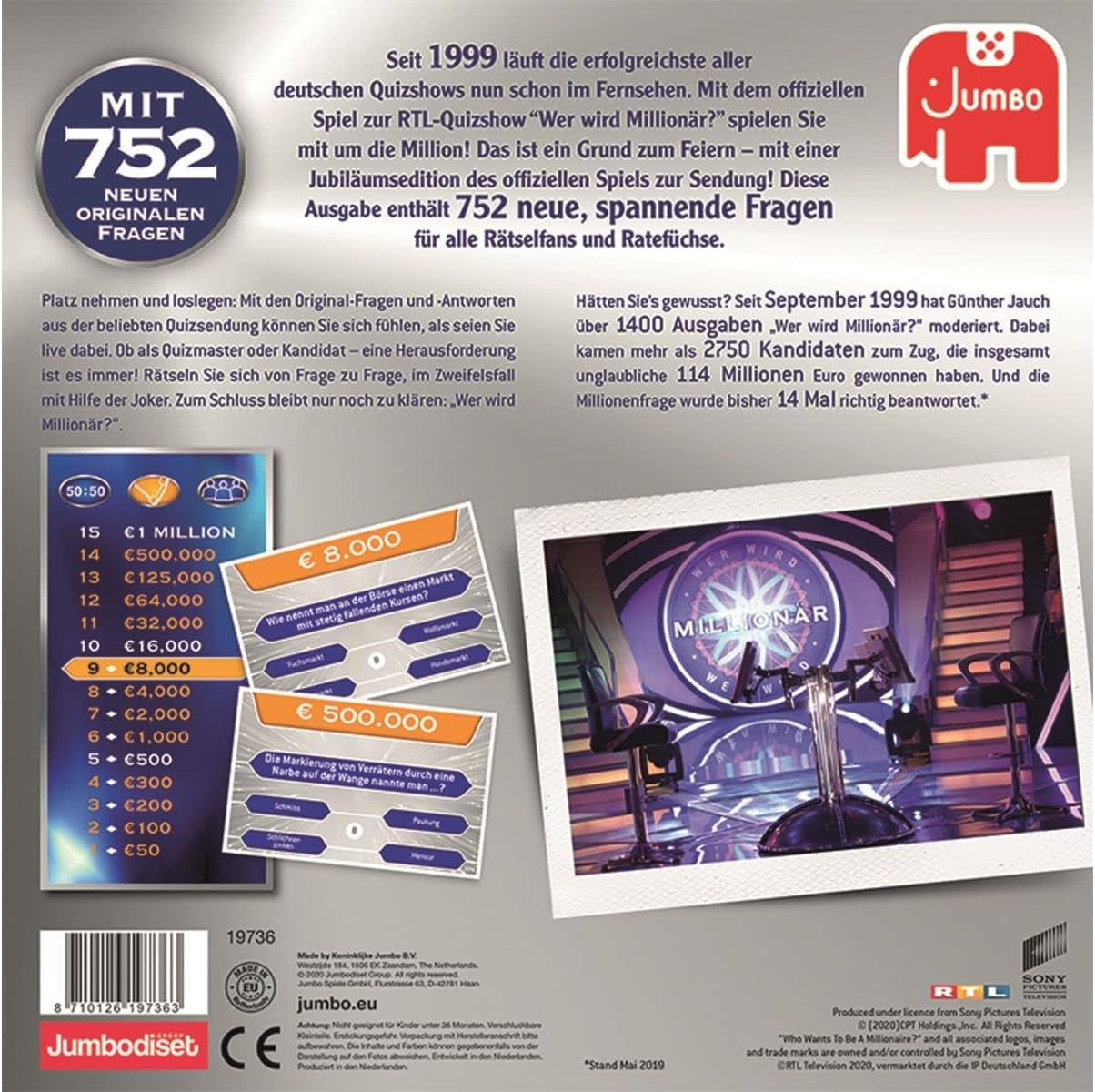 Jumbo Games 19736 Spiele – Wer wird Millionär – 20. Jahrestag – Brettspiel – ab 12 Jahren