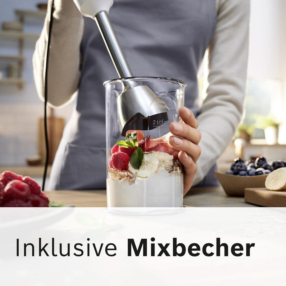 Bosch Stabmixer Ergomaster Serie 4 MSM4W210, Einhändig Bedienbar, Edelstahl-Klingen, Verschleißfreie Keramik-Kupplung, Mixbecher, Quattroblade, Antisplash Funktion, Einschaltsperre, 600 W, Weiß Mutter und Kind Naty Shop