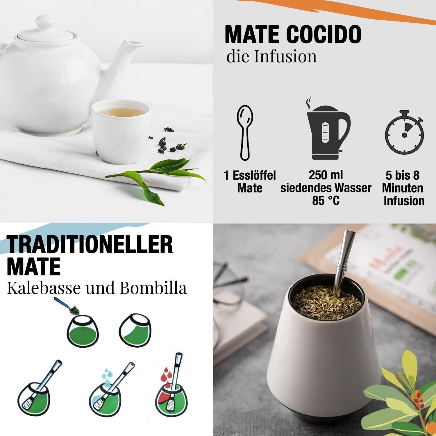 ORIGEENS BIO YERBA MATE cu portocale 200 G - Ceaiul fructat I Ceai organic Yerba Mate neprăjit, fără tulpini și praf I Băutură energizantă și detoxifiantă