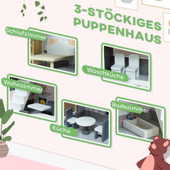 AIYAPLAY Puppenhaus aus Holz, 3-stöckiges Spielhaus mit 13 Möbelstücken, Zubehör, 85,3 cm hohes Puppenhaus für 3–6 Jahre, graue Puppenhäuser Naty Shop