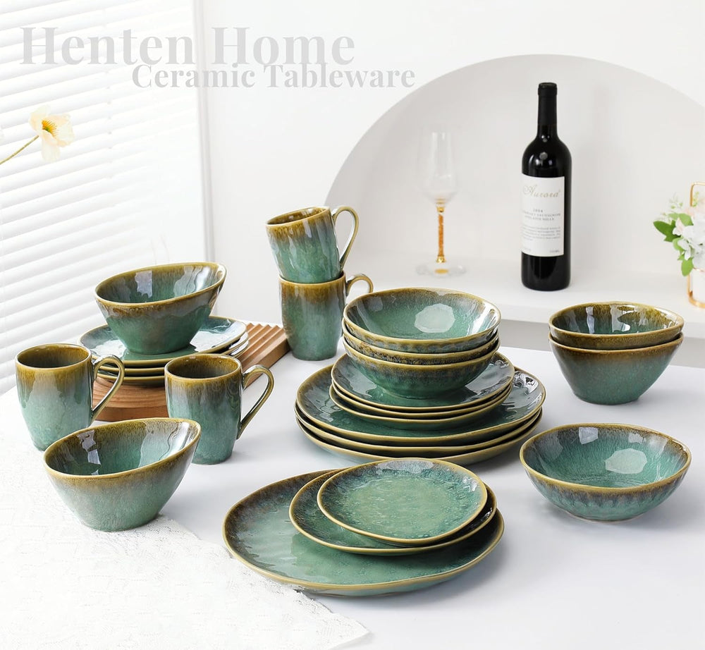 Henten Home Farfurii din gresie specială, boluri pentru gustări și sosuri - 20x17cm pentru 4 persoane, farfurii de mic dejun din porțelan - design modern verde