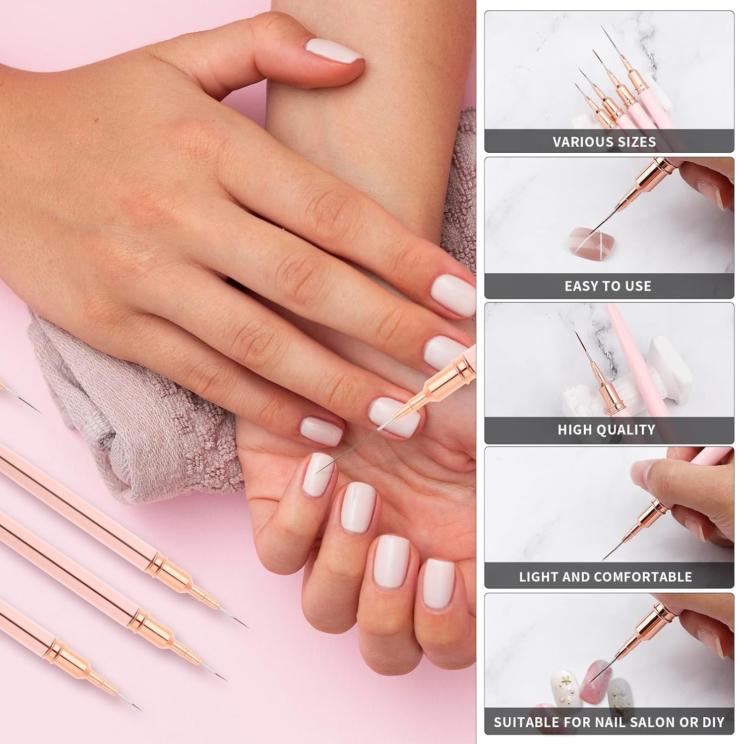 Nail Art Liner-Pinsel 5-Teiliges Gel-Nagellack-Malerei-Nagel-Punkt-Zeichnungs-Werkzeug Für Lange Linien Kunst-Design-Stift-Set Metallgriff Nail-Art-Design-Pinsel Für Frauen