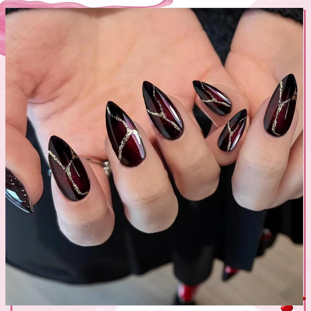 24 de bucăți de unghii artificiale roșii și negre, unghii artificiale pentru lipit, unghii false cu lipici de unghii, vârfuri de unghii în formă de migdală, unghii artificiale cu acoperire completă, set de unghii prin presare, unghii false roșii și negre