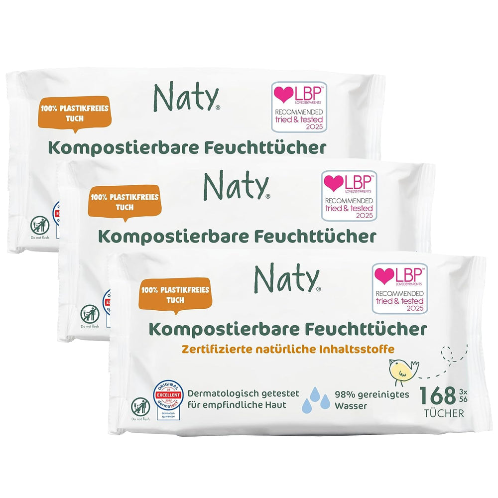 Șervețele umede Naty pentru bebeluși | 100% pe bază de plante și fără parfum pentru piele sensibilă | Șervețele fără plastic și certificate compostabile, cu 98% apă purificată | 672 de șervețele (12 pachete)