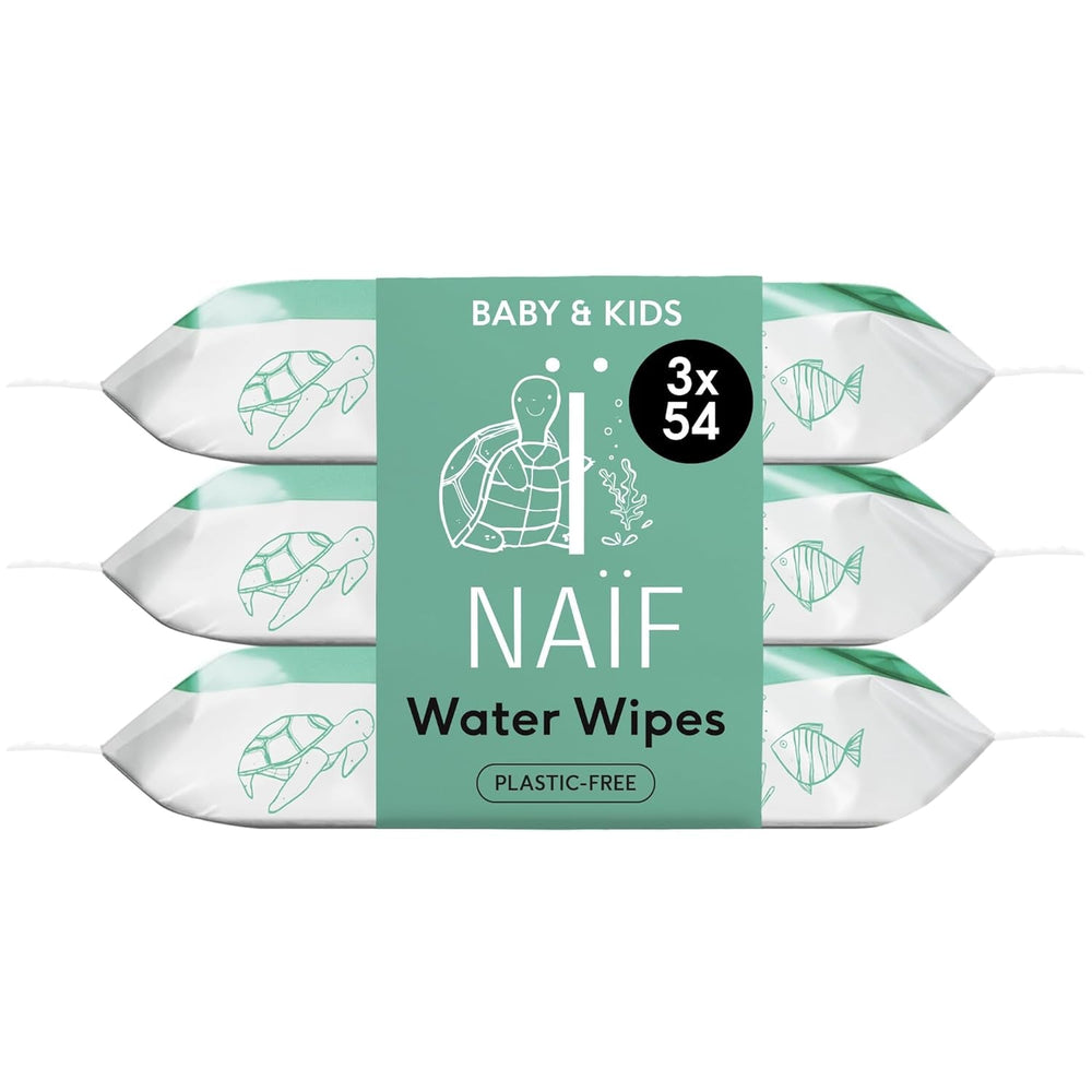Naïf - Șervețele umede fără plastic - 162 bucăți (3 pachete a câte 54 de șervețele fiecare) - Îngrijire pentru fundulețul, corpul și fața bebelușului - 99% apă - 0% parfum și alcool