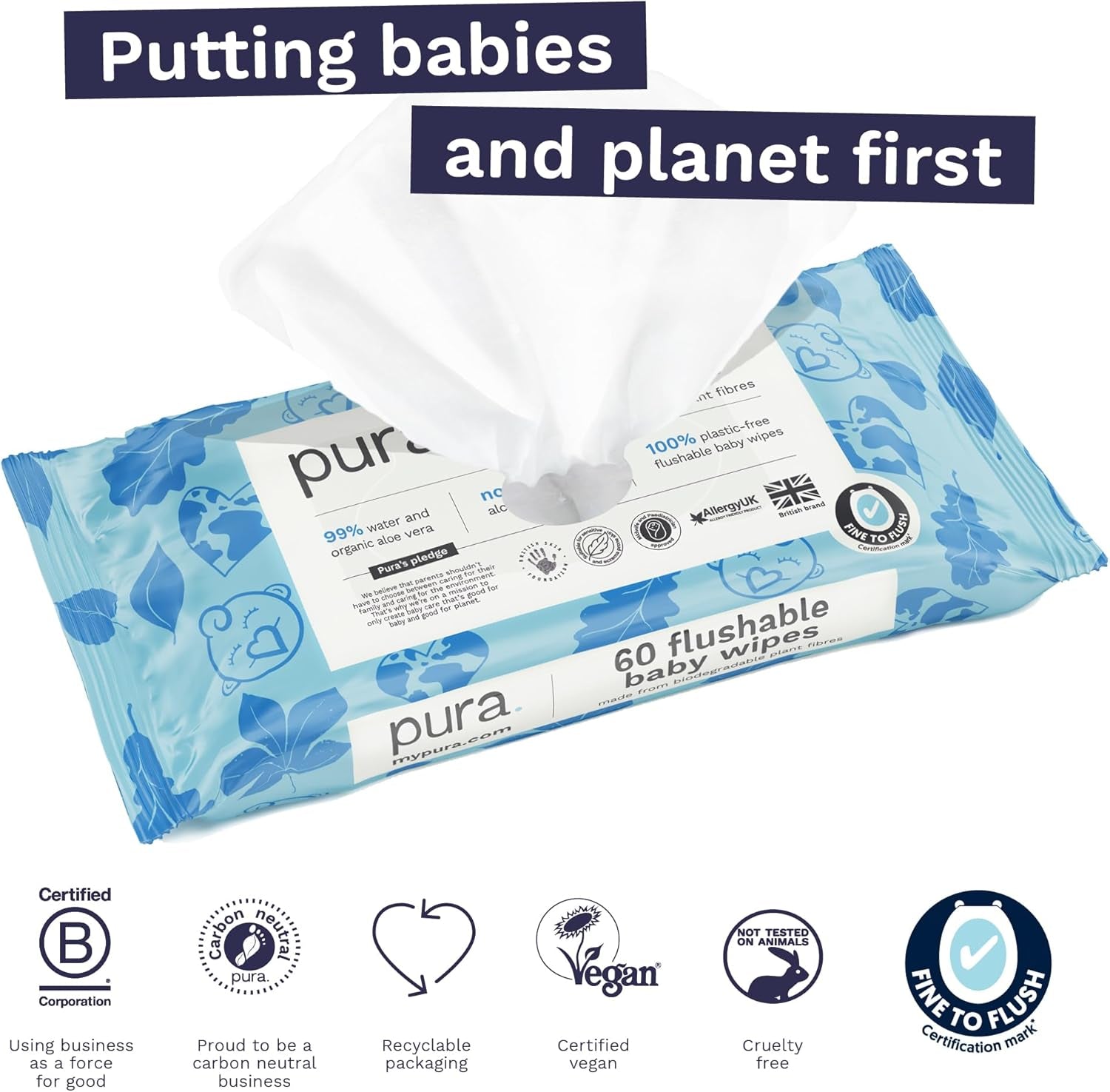 Șervețele umede ecologice de unică folosință pentru bebeluși, pentru pielea sensibilă a bebelușilor, 70 de șervețele (1 pachet), 99% apă, 100% fără plastic, pentru pielea sensibilă, predispusă la eczeme, nou-născuți, biodegradabile, vegane