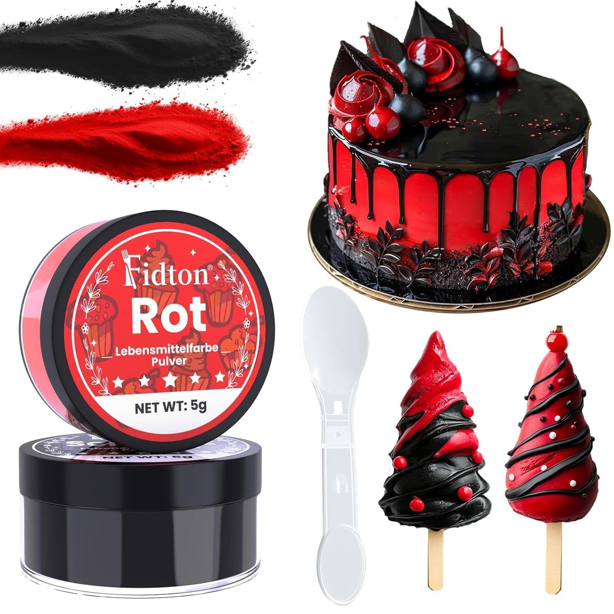 Colorant alimentar pudră - 2 culori colorant alimentar solubil în apă ultra concentrat, colorant alimentar pentru fondant, coloranți alimentari, macarons, copt, colorant alimentar roșu și negru - 5 g