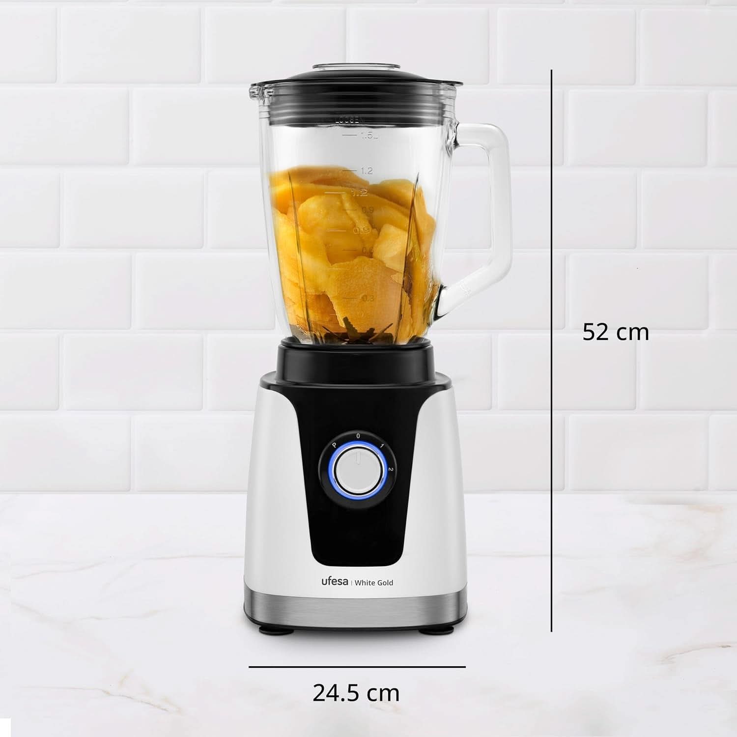 Ufesa White Gold Standmixer, 1500W Leistung, 1,5L Glaskrug, Geschwindigkeitsregler Mit Led-Licht, Ice Crusher, 6 herausnehmbare Edelstahlklingen, 2 Geschwindigkeiten + TURBO Mutter und Kind Naty Shop