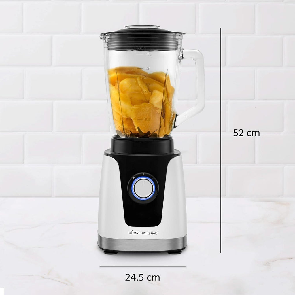 Ufesa White Gold Standmixer, 1500W Leistung, 1,5L Glaskrug, Geschwindigkeitsregler Mit Led-Licht, Ice Crusher, 6 Herausnehmbare Edelstahlklingen, 2 Geschwindigkeiten + TURBO Mama si Copilul Naty Shop