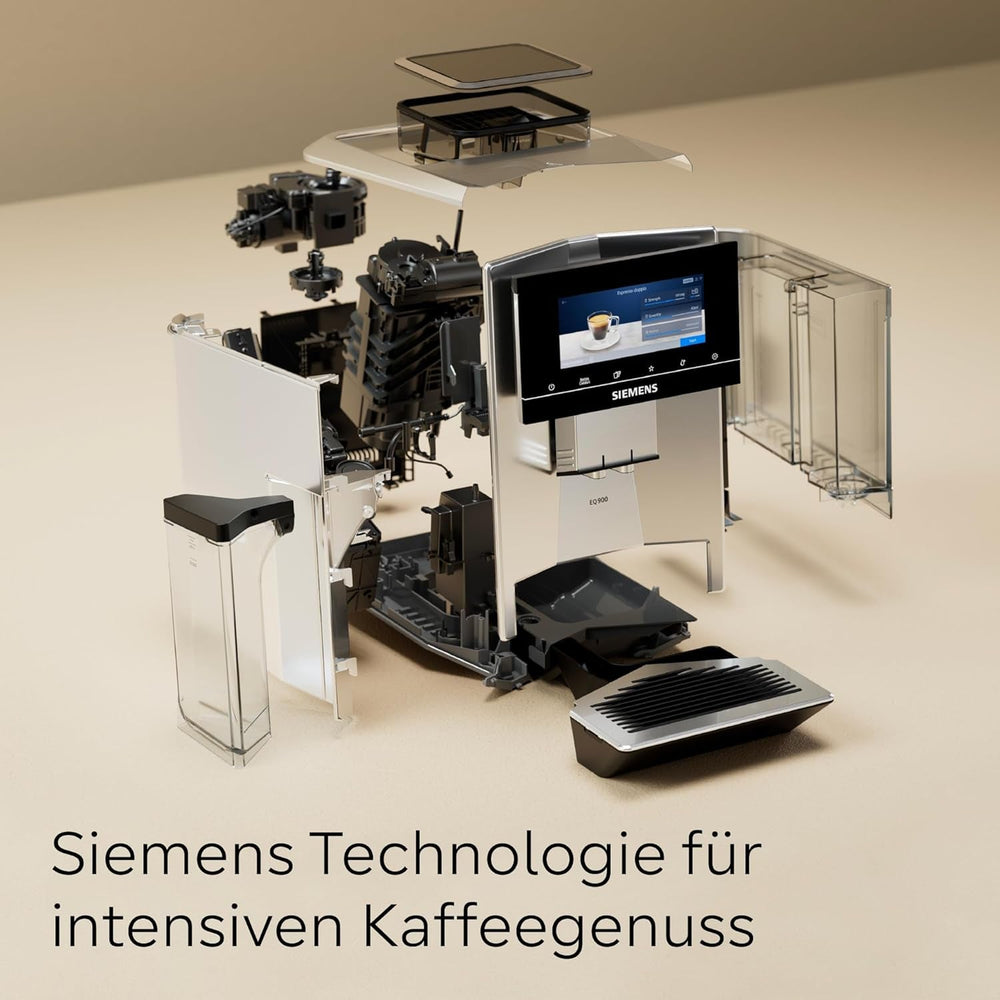 Espressor complet automat SIEMENS EQ900 TQ905D03, control prin aplicație, afișaj complet tactil, mod barista, reducere a zgomotului, până la 10 profiluri, râșniță premium, curățare automată cu abur, 1500 W, oțel inoxidabil