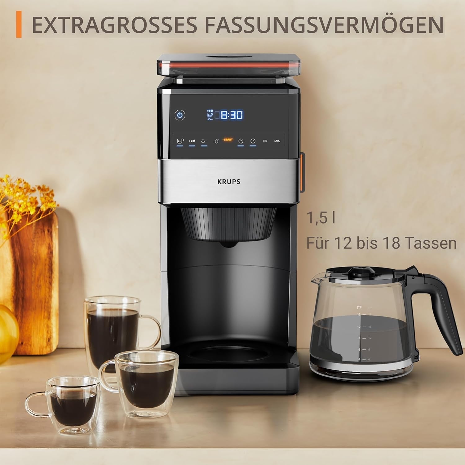 Espressor KRUPS Grind Aroma XL, râșniță conică detașabilă, panou de control digital, capacitate XL (1,5 l), funcție de menținere la cald, carafă din sticlă, negru/oțel inoxidabil, KM842810