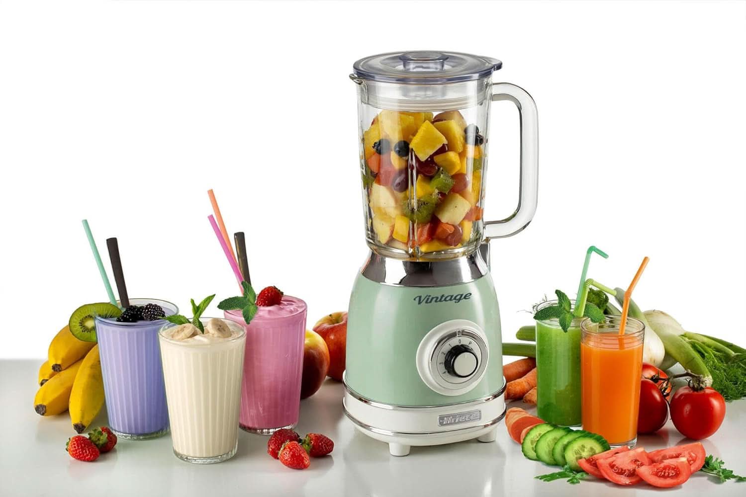 Ariete Vintage 583 Mixer Aus Glas, Retro Multifunktionsmixer Mit 4 Klingen, 4 Geschwindigkeiten + Pulse-Funktion, Ice-Crusher Funktion, 1,5 Liter Fassungsvermögen, 1000W, Green Kitchen Naty Shop