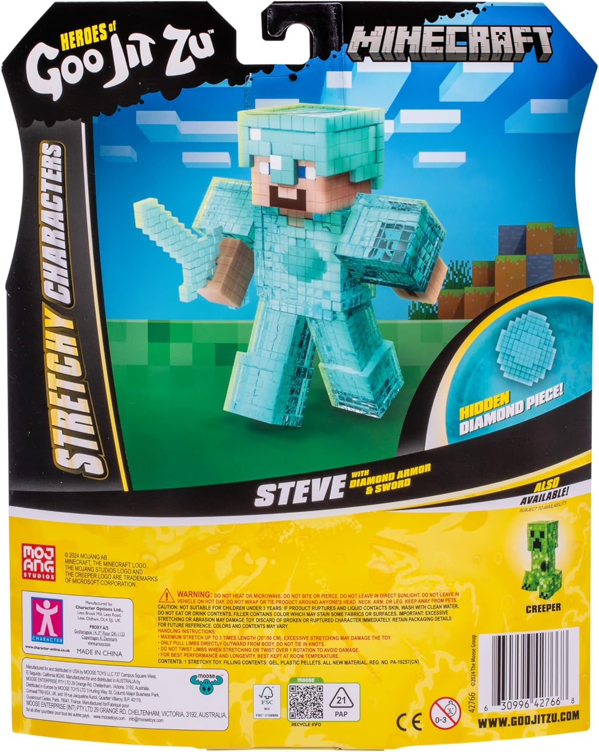 Heroes of Goo Jit Zu – Erweiterbare Minecraft-Figur – Steve mit Diamantrüstung und Schwert, super dehnbarer Goo-Füller mit verstecktem Diamantelement im Inneren, erweiterbar auf Actionfiguren in dreifacher Größe, Naty Shop
